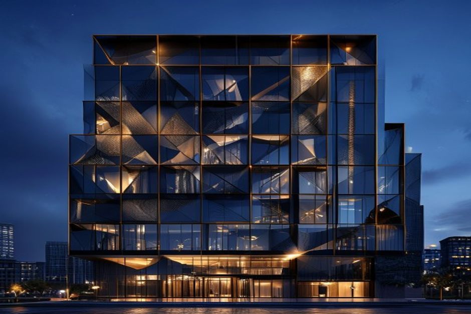 Luxury contemporary building exterior facade with geometric glass curtain wall
