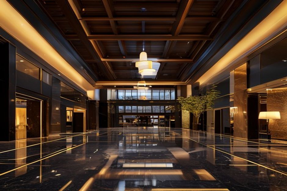 Luxury interior atrium lobby with double-height space and gold accents