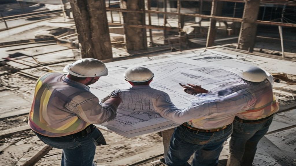 Wide construction site table covered with a full set of large format coordinated construction drawings, two engineers in hard hats leaning over the sheets, one pointing at a structural detail, Navisworks clash detection report visible on a tablet, natural daylight, documentary photography