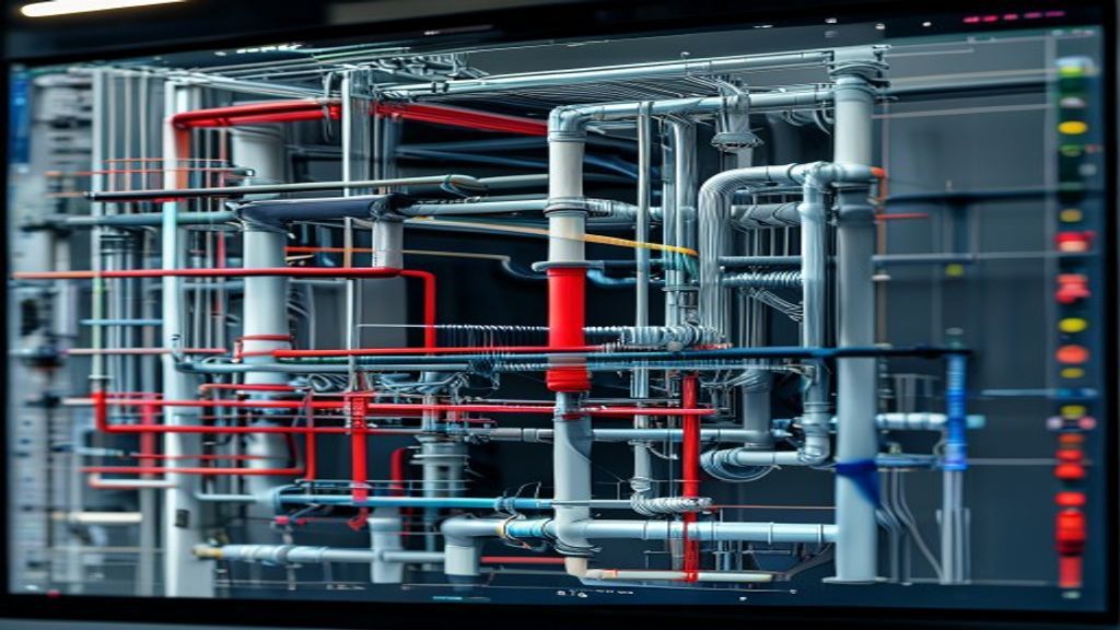 Close-up of a high-resolution BIM coordination screen showing a federated multi-discipline model — grey structural concrete frame, red HVAC ductwork, blue plumbing pipes, green electrical cable trays — colour-coded clash detection markers highlighted, dark office background, cinematic lighting