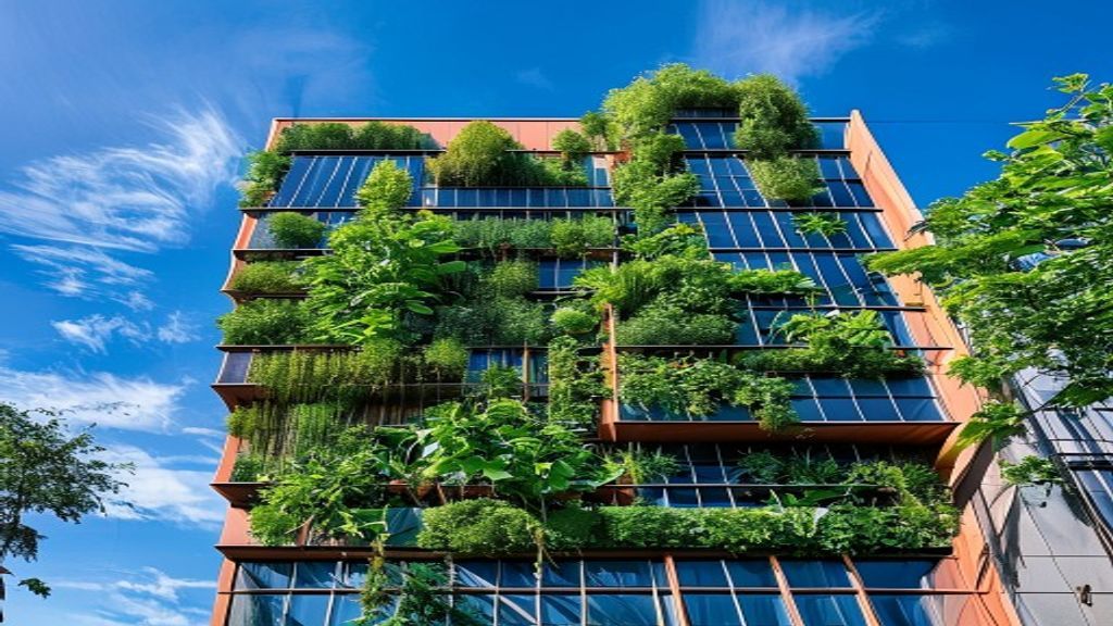 Sustainable green building facade featuring integrated photovoltaic glass panels, terracotta rainscreen cladding bands, planted vertical garden at podium level, contemporary mixed-use architecture, blue sky, wide-angle architectural shot
