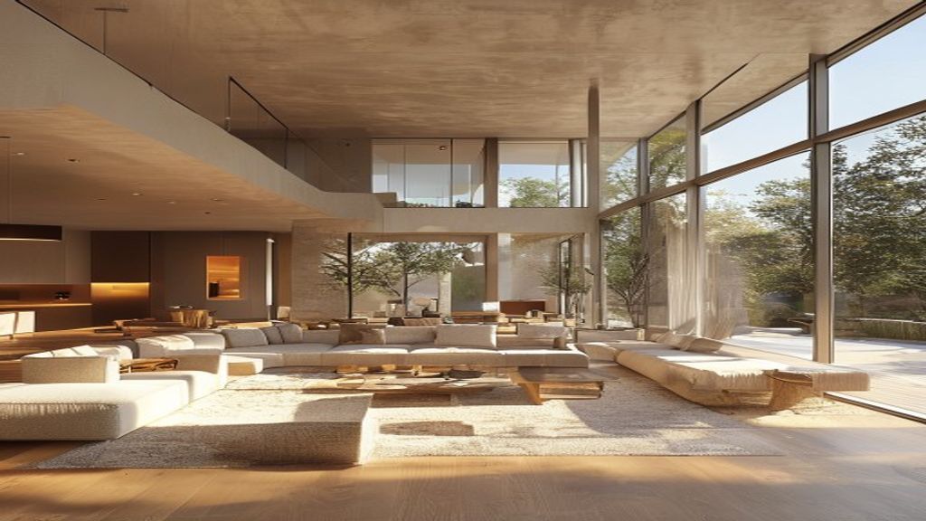 Interior perspective rendering of a spacious contemporary residential living area with carefully planned circulation paths, natural light flooding through floor-to-ceiling windows, modular furniture arrangement in warm neutral tones, architectural visualisation style