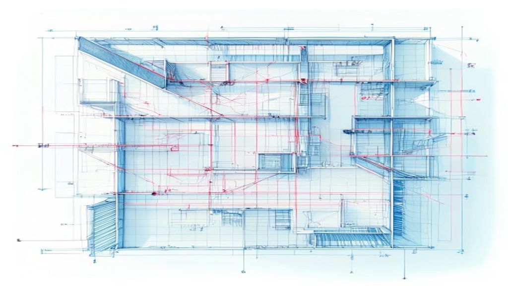 Bird's-eye view engineering drawing of a commercial building floor plate with annotated space zones shown in soft colour fills, structural grid lines, MEP coordination overlays in red and blue, dimension strings, clean technical illustration style on white background
