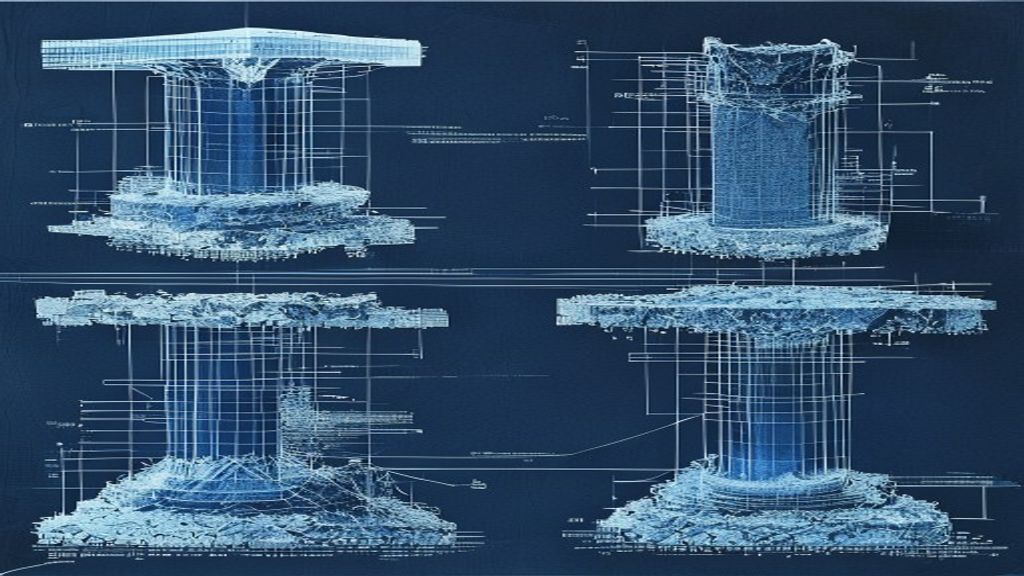 Clean technical cross-section engineering illustration showing four foundation types side by side on a single diagram: isolated square pad footing beneath a column, continuous strip footing beneath a wall, thick raft slab beneath a multi-storey grid, and a cluster of bored piles with pile cap — stratified soil layers visible beneath each, navy blue and white engineering blueprint aesthetic on dark background, precise technical draughting style