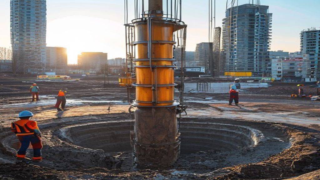 Modern large-diameter rotary drilling rig installing a bored pile foundation on an urban construction site, a cylindrical reinforced steel cage being lifted by crane and lowered into a freshly drilled borehole, workers in full PPE guiding the cage, surrounding city buildings visible in background, late afternoon golden industrial documentary photography