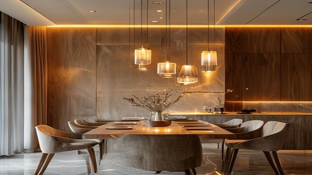 Dramatic wide-angle interior photograph of a luxury hotel lobby featuring tunable white LED ceiling coves, warm 2700K accent lighting illuminating marble columns, DALI-2 lighting control touchscreen panel on the wall, mood engineering atmosphere, architectural photography, no people