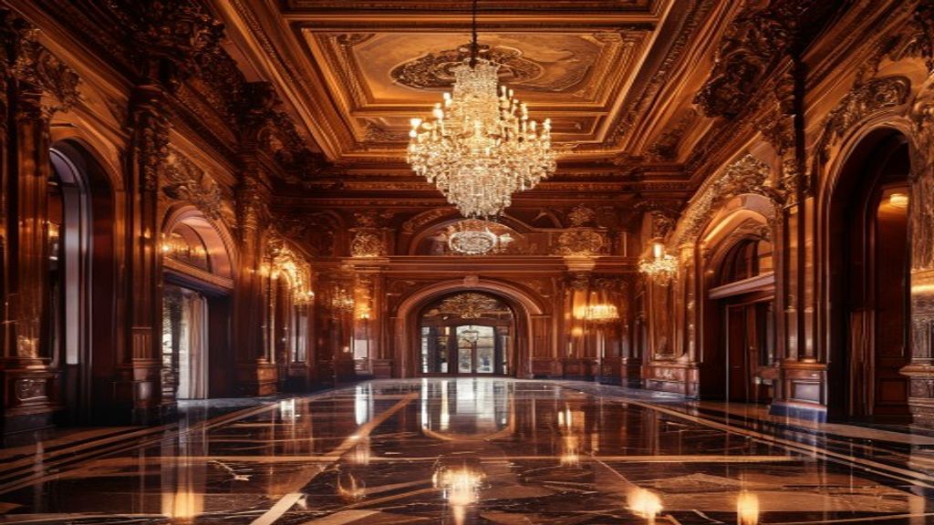 Close-up detail photograph of classic interior architectural plasterwork — ornate ceiling cornice with acanthus leaf and egg-and-dart molding, warm amber ambient lighting, ivory and gold palette, shallow depth of field, artisan craftsmanship, architectural editorial photography