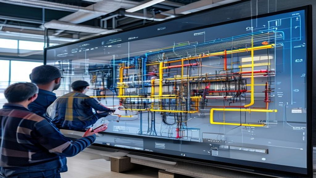 Close-up of a large touchscreen monitor displaying a federated 3D BIM model showing interior fit-out coordination — MEP ductwork in blue, electrical cable trays in yellow, sprinkler pipework in red, suspended ceiling grid in grey — with two engineers pointing at clash detection highlights, modern site office environment