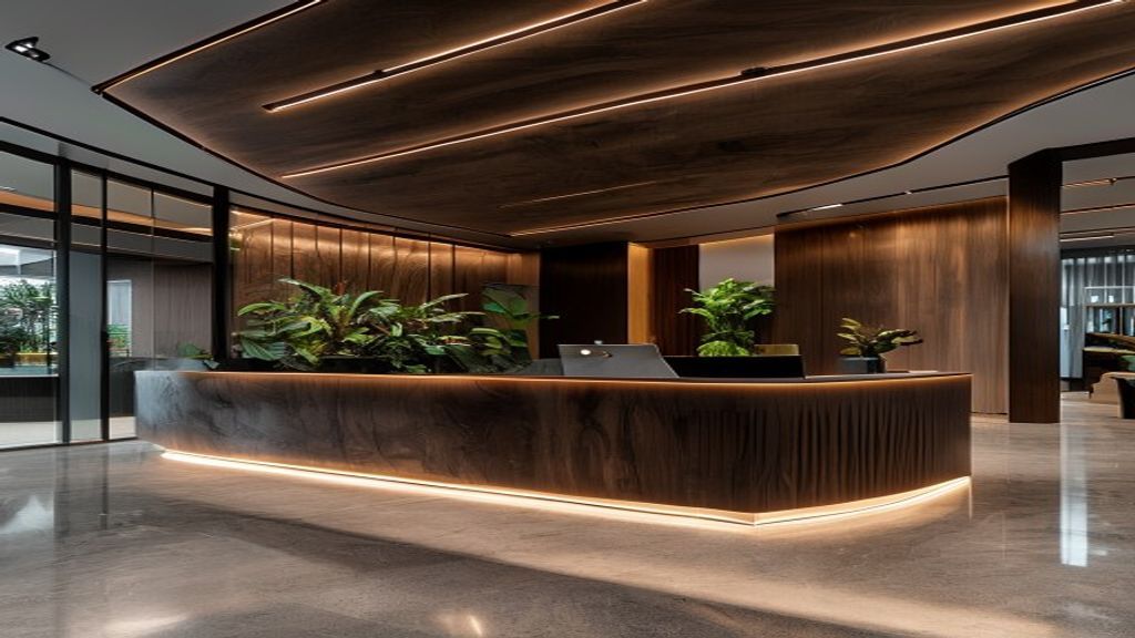 Completed luxury commercial office fit-out interior — bespoke dark-walnut joinery reception desk with integrated LED uplighting, polished concrete floor, architectural linear ceiling with recessed lighting, frosted glass partition walls, lush indoor planting, contemporary corporate aesthetic, wide-angle architectural photography