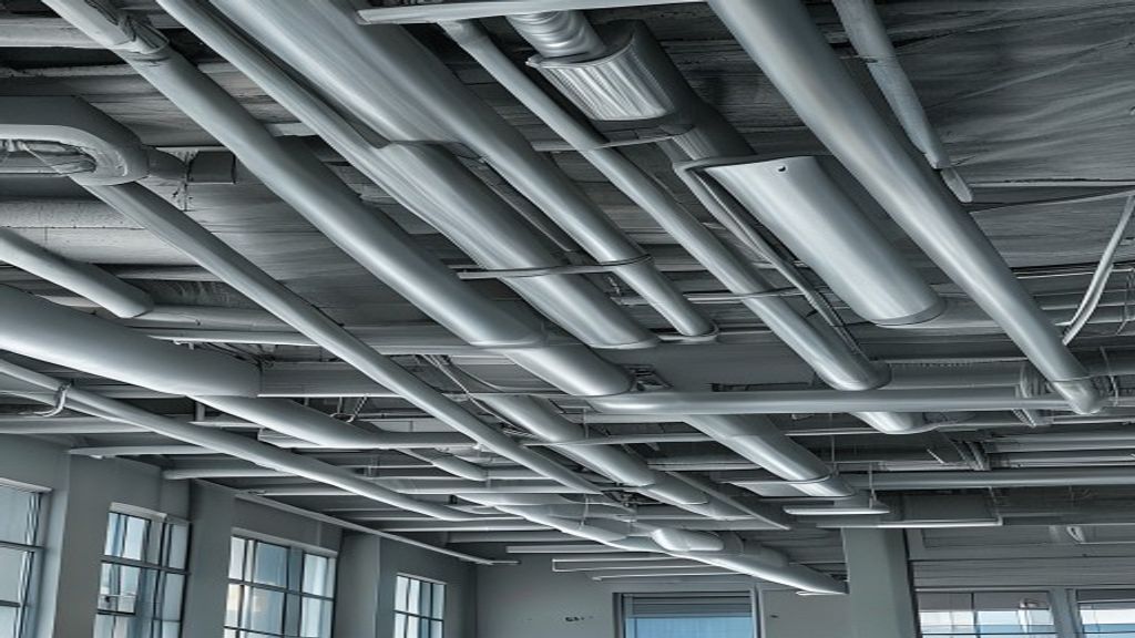 Commercial building interior showing rectangular galvanised steel HVAC supply and return air ducts suspended from concrete ceiling with VAV terminal boxes and linear slot diffusers, professional construction photography, industrial space
