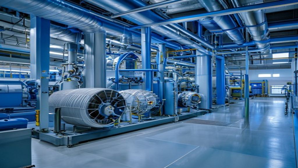 Modern commercial building mechanical plant room featuring large water-cooled centrifugal chiller units, blue insulated chilled water pipework, pump sets and DDC control panels, clean organised mechanical space, professional engineering photography