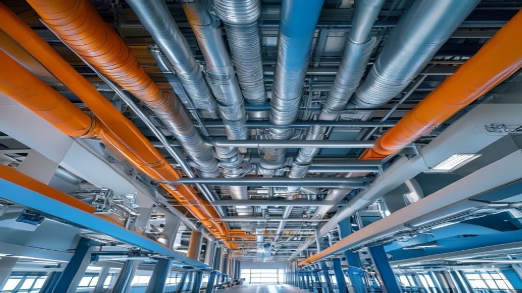 Below-ceiling view of an open-plan office building showing coordinated MEP services installation — orange fire suppression sprinkler pipes, silver HVAC ductwork, and blue cold water mains all running parallel in a organised ceiling void, construction photography with natural daylight