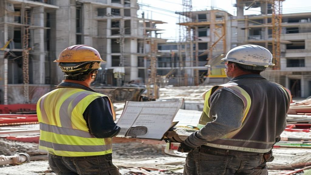 building construction progress concrete frame structure engineering team inspection