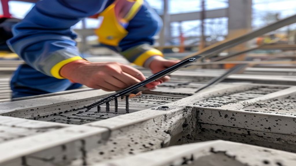 Close-up of structural engineer performing quality control inspection inside concrete formwork, measuring rebar spacing with digital calipers, tablet displaying BIM 3D model overlay, bright daylight construction site setting