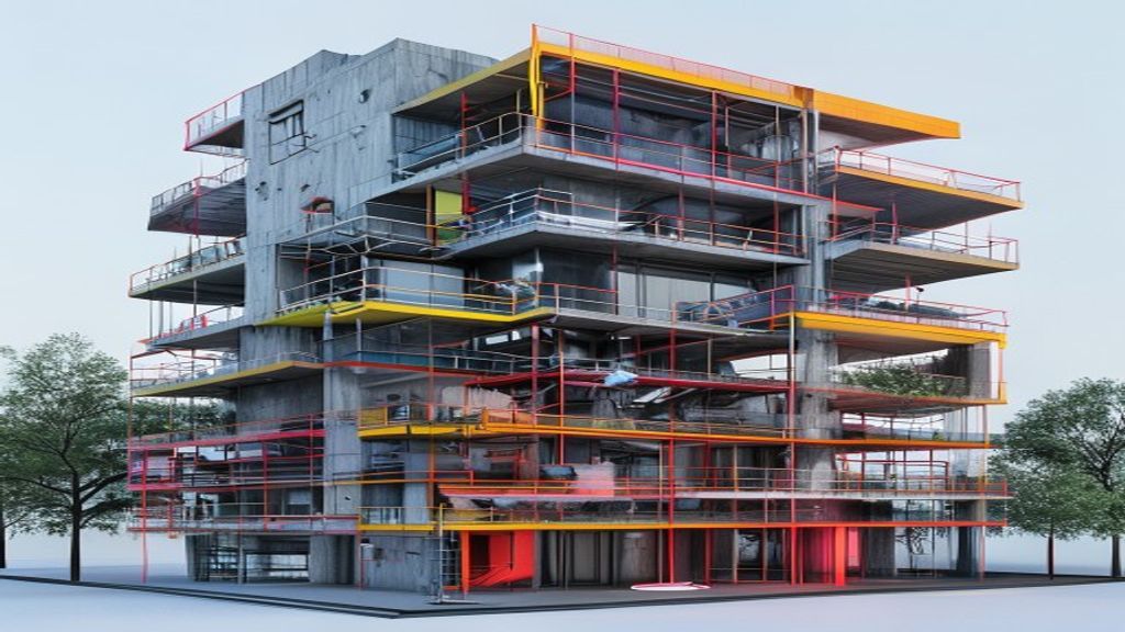 Ultra-detailed 3D BIM render of a complex structural node showing steel beams, concrete columns, MEP ductwork, and electrical conduits passing through coordinated voids without clashing, isometric cutaway view with Eurocode connection details, clean white background, technical visualization