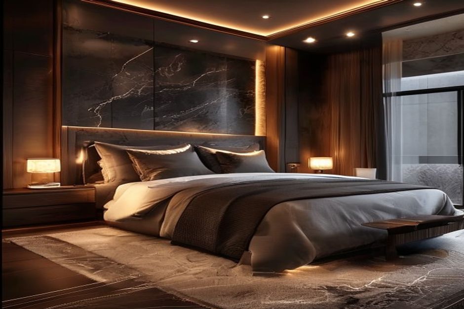 Luxury master bedroom with custom built-in wardrobes and marble finishes