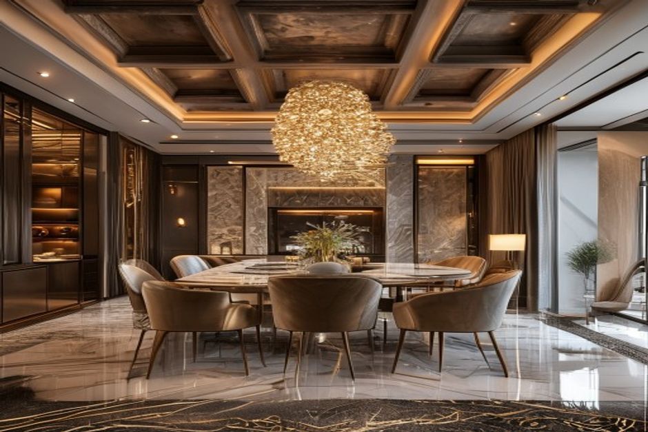 Luxury dining room with coffered ceiling and gold accent details