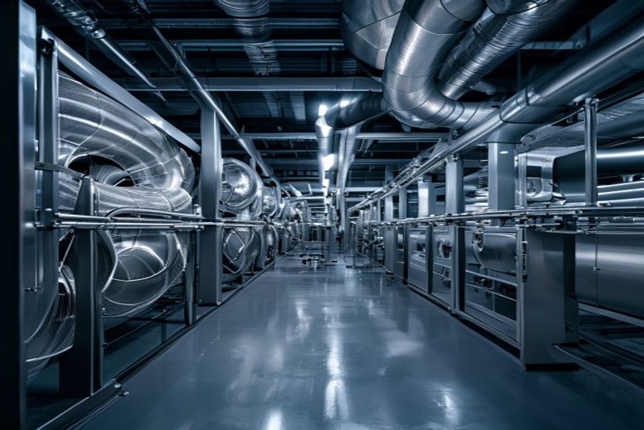 Modern HVAC mechanical plant room with ductwork systems