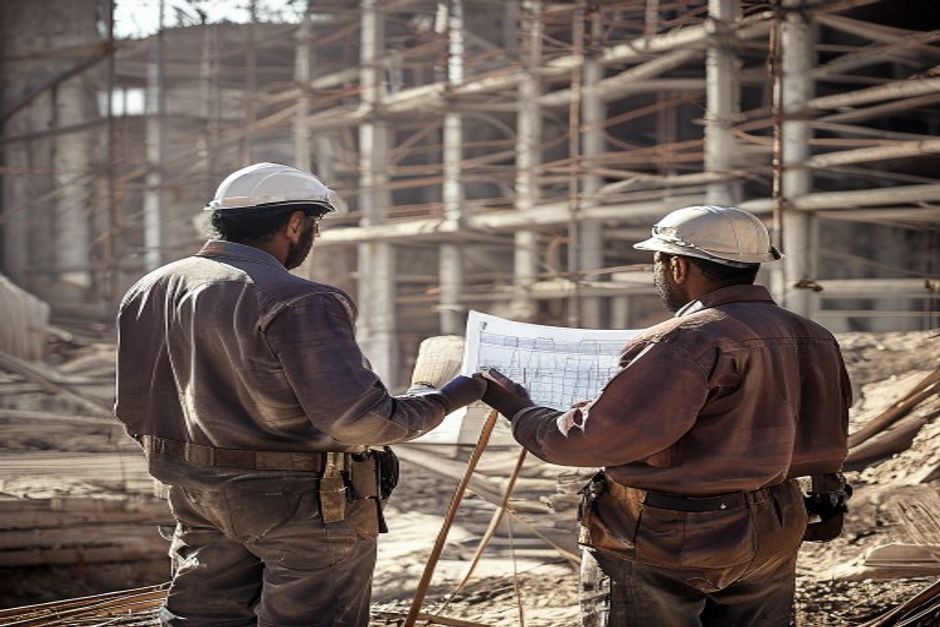 Construction site supervision with engineer reviewing drawings